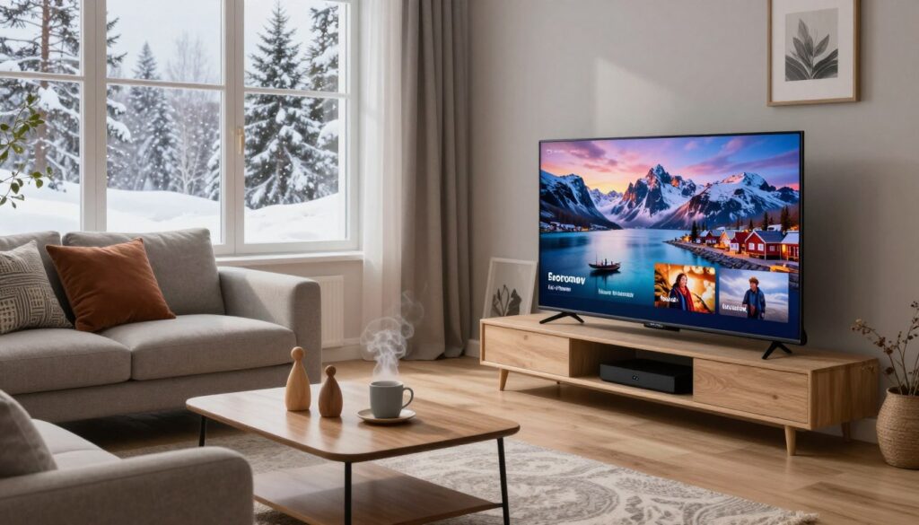A cozy Scandinavian living room scene showcasing a modern IPTV setup. In the foreground, a sleek flat-screen TV displays vibrant Nordic landscapes and iconic cultural moments. A stylish coffee table with a steaming mug and some Scandinavian décor, such as wooden figurines and minimalist art, adds a warm touch. In the middle ground, a comfortable sofa with neutral tones invites relaxation, with plush throw pillows in soft, earthy colors. The background features large windows revealing a serene winter landscape, capturing gentle snowfall and pine trees, allowing soft natural light to illuminate the room. The atmosphere is inviting and tranquil, perfect for immersing oneself in Scandinavian content. The angle is slightly elevated, providing a comprehensive view of the scene.
