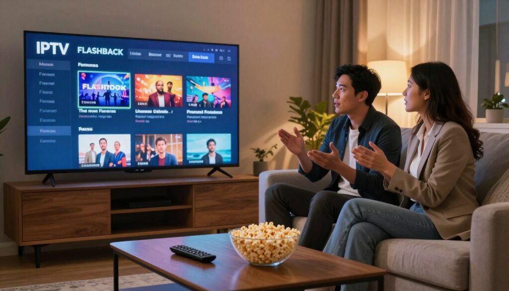 A cozy and inviting home entertainment setup featuring a modern living room with a large flat-screen TV displaying the IPTV Flashback forum interface in vibrant colors. In the foreground, a stylish coffee table holds a remote control and a bowl of popcorn. The middle ground showcases a plush sofa with two individuals, a man and a woman, dressed in professional business attire, engaged in a lively discussion while viewing content on the screen. The background displays a softly lit atmosphere with warm ambient light, enhancing the mood of connection and enjoyment. Use a wide-angle lens perspective to capture the entire scene, emphasizing the sense of community and engaging viewing experience. The overall ambiance is friendly and inviting, perfect for enjoying diverse television content.