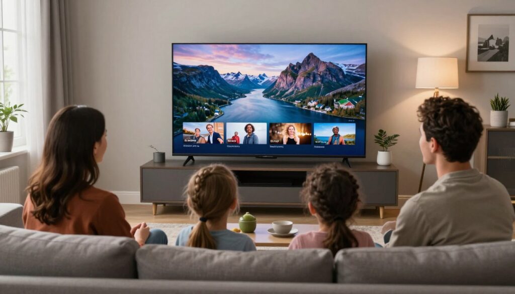 A cozy living room setting featuring a family enjoying a seamless IPTV experience on a large, modern flat-screen TV. In the foreground, a diverse family of four—parents and two children—are comfortably seated on a stylish sofa, dressed in casual but neat clothing. The middle ground showcases the sleek TV displaying vibrant Nordic landscapes and popular TV shows, creating a warm atmosphere. In the background, stylish decor reflects Scandinavian design, with soft lighting illuminating the room. Through a large window, soft natural light filters in, enhancing the inviting ambiance. The overall mood is joyful and engaging, highlighting the benefits of IPTV for Swedish households, as they bond over entertainment. The scene captures a perfect blend of technology and familial interaction without any text or distractions.