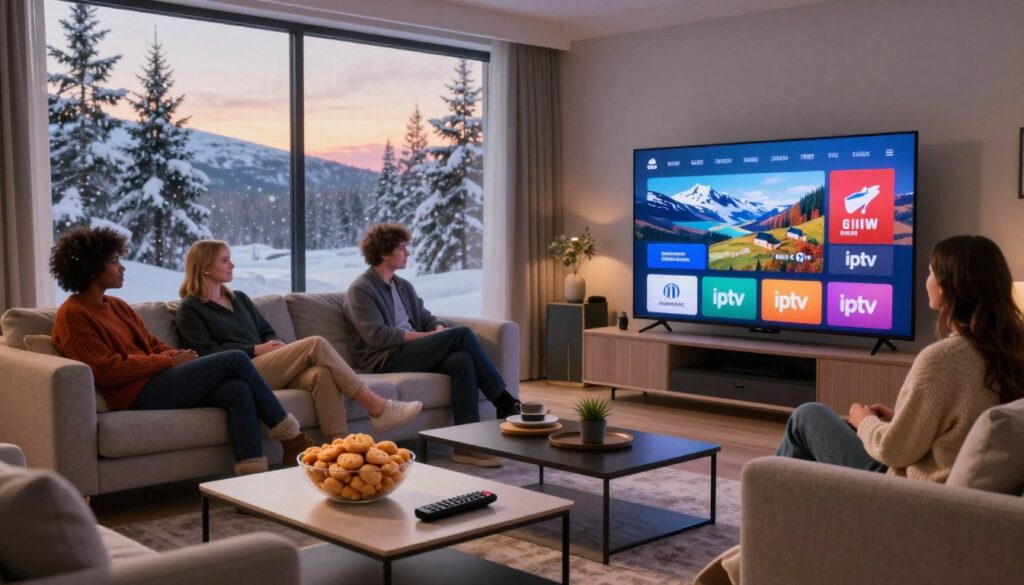 A cozy living room setting, showcasing a large flat-screen TV displaying an iconic Nordic IPTV interface featuring various channel logos and Scandinavian landscapes in vibrant colors. In the foreground, a modern coffee table holds a bowl of traditional Swedish snacks and a remote control. The middle layer features a stylish couch with people of diverse backgrounds dressed in casual winter attire, engaged and enjoying the content together. In the background, large windows reveal a snowy Scandinavian landscape, with pine trees and soft, falling snow under a serene twilight sky. The ambiance is warm and inviting, illuminated by soft, warm lighting that creates a relaxed atmosphere. The entire scene captures the essence of Nordic culture and community entertainment.