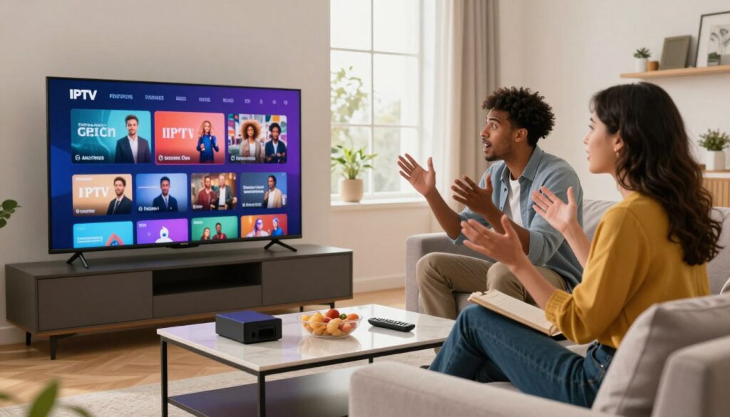A dynamic and engaging composition illustrating the advantages of IPTV over traditional television. In the foreground, a modern living room setting with a sleek smart TV displaying vibrant colorful streaming icons showcasing various channels and content options. A diverse group of two professionals, one male and one female, are seated comfortably on a stylish sofa, both dressed in smart casual attire, discussing their preferences with animated expressions of excitement. In the middle ground, an elegant coffee table with electronic devices, remote controls, and snacks emphasizes convenience and connectivity. The background features a window with daylight streaming in, creating a warm and inviting atmosphere that conveys a sense of enjoyment and modern lifestyle. Use soft, natural lighting to enhance the cheerful mood. Focus on a wide-angle perspective to capture the entire scene, emphasizing the contrast between IPTV's expansive choices and traditional methods.
