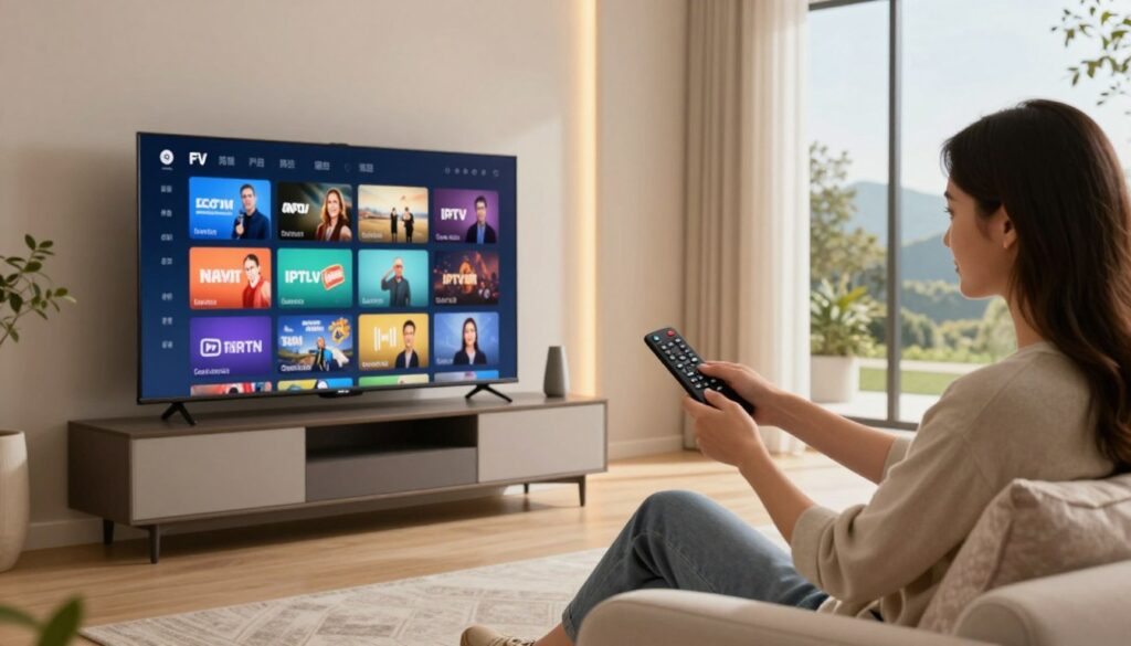 A futuristic living room setting designed for IPTV installation. In the foreground, a sleek, modern TV stands prominently on a stylish console, displaying vibrant on-screen icons of popular IPTV channels in a user-friendly interface. A comfortable sofa is positioned facing the TV, adorned with subtle decorative pillows. In the middle ground, a user intently adjusts settings on a high-tech remote control, dressed in smart casual attire, emphasizing the installation aspect. Behind, the background features soft ambient lighting, with a large window revealing a serene outdoor view, evoking a calm and inviting atmosphere. The scene is illuminated with warm, natural light, enhancing the contemporary décor and making the technology feel integral to a cozy home environment.
