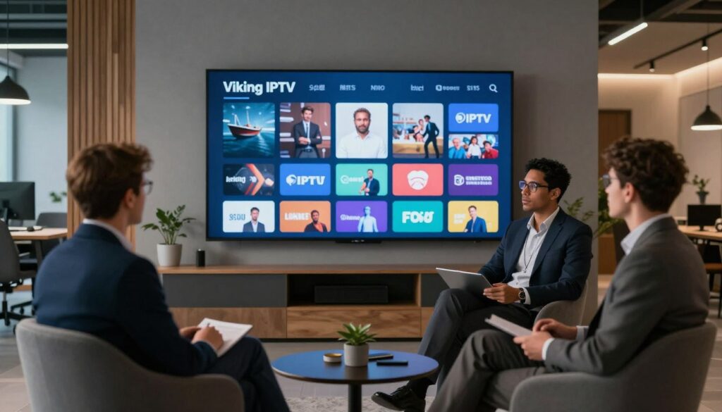 A modern and sleek office space featuring a large screen displaying the Viking IPTV channel lineup. In the foreground, a diverse group of three professionals, dressed in business attire, are engaged in a discussion about the IPTV offerings. The middle layer showcases the display with a vibrant array of channel icons, symbolizing the variety of content available. The background includes a stylish, well-lit office environment with contemporary furniture and Nordic design elements, such as wooden accents and cool tones. Soft, ambient lighting creates a welcoming atmosphere, while a slight depth of field draws attention to the foreground subjects and the vibrant screen. The overall mood is dynamic and collaborative, hinting at innovation in IPTV services.