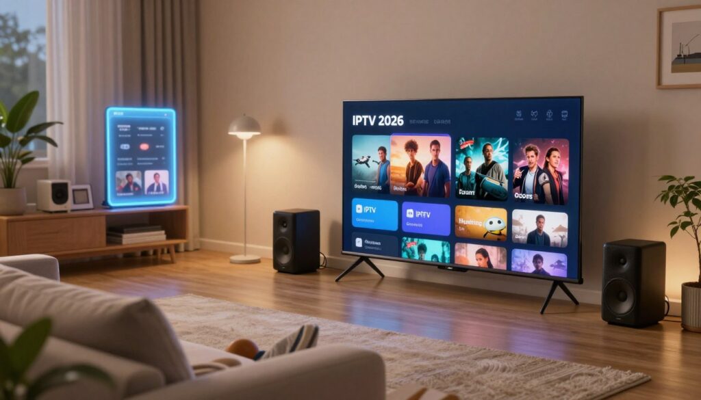 A modern home entertainment setup showcasing the best IPTV experience of 2026. In the foreground, a sleek, high-definition television displays vibrant streaming content featuring a variety of genres. Surrounding the TV are stylish audio speakers and a comfortable couch, inviting users to relax. In the middle ground, an interactive digital interface representing an IPTV menu glows softly, illustrating categories like movies, sports, and series. The background features a cozy living room with ambient lighting, highlighting modern decor and plants. The atmosphere feels warm and inviting, perfect for family gatherings. The image is well-lit, with soft, diffused lighting to create an intimate mood. Capture this scene from a slightly elevated angle to provide a comprehensive view of the entire setup.