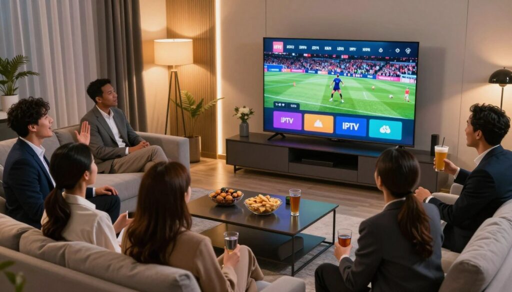 A modern living room setting with a sleek, high-tech TV displaying a vibrant IPTV interface. In the foreground, a diverse group of adults in professional business attire are engaged in watching a live sports event, with expressions of excitement and enjoyment. In the middle ground, a chic coffee table is adorned with snacks and drinks, enhancing the communal viewing experience. The background features stylish decor and soft ambient lighting that creates an inviting atmosphere. The scene is captured from a slightly elevated angle to emphasize the TV screen and the engaged viewers. Warm lighting casts a cozy glow, evoking a sense of togetherness and cutting-edge technology in TV entertainment. The overall mood is lively and modern, illustrating a new era of television enjoyment. A modern living room setting with a sleek, high-tech TV displaying a vibrant IPTV interface. In the foreground, a diverse group of adults in professional business attire are engaged in watching a live sports event, with expressions of excitement and enjoyment. In the middle ground, a chic coffee table is adorned with snacks and drinks, enhancing the communal viewing experience. The background features stylish decor and soft ambient lighting that creates an inviting atmosphere. The scene is captured from a slightly elevated angle to emphasize the TV screen and the engaged viewers. Warm lighting casts a cozy glow, evoking a sense of togetherness and cutting-edge technology in TV entertainment. The overall mood is lively and modern, illustrating a new era of television enjoyment.