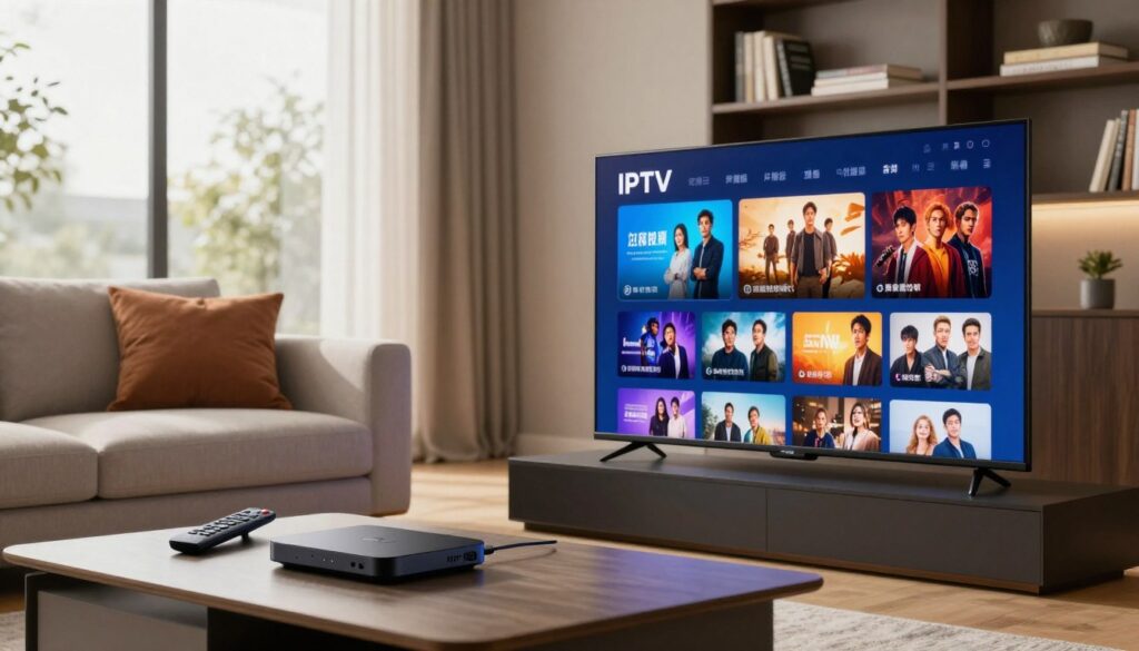 A modern living room setup showcasing IPTV technology. In the foreground, a sleek television screen displays a vibrant streaming service interface, filled with colorful thumbnails of various shows and movies. A contemporary coffee table is adorned with a remote control and a streaming device. In the middle ground, a cozy couch with stylish cushions invites viewers, hinting at relaxation and entertainment. Behind, large windows allow soft, natural light to fill the room, creating a warm and inviting atmosphere. The background features a bookshelf with neatly arranged books, enhancing the sophisticated vibe. The scene is shot from a slightly angled perspective to add depth, highlighting the innovation of IPTV while radiating a sense of comfort and accessibility.