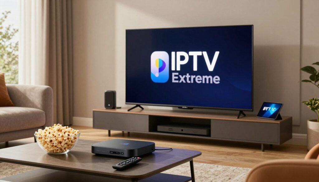 A modern living room showcasing a sleek television displaying the IPTV Extreme logo prominently, surrounded by an array of sophisticated tech gadgets like a streaming device and a tablet. In the foreground, a stylish coffee table with a bowl of popcorn and a remote control for a cozy viewing experience. The middle ground features plush seating in contemporary design, inviting viewers to relax. The background includes a large window with soft, natural light filtering in, creating a warm and welcoming atmosphere. The mood is relaxed and modern, capturing the essence of enjoying IPTV services at home. The image should maintain a professional aesthetic with no text or watermarks.