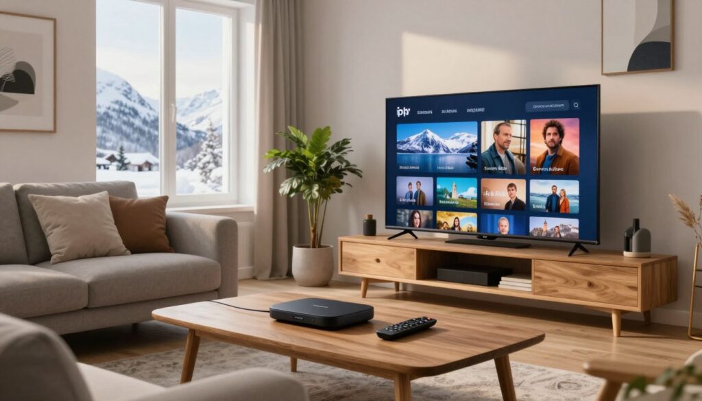 A modern living room with a Scandinavian design, featuring a large flat-screen TV displaying an IPTV interface showcasing Nordic content. In the foreground, a stylish wooden coffee table is adorned with streaming devices and a remote control. In the middle ground, a cozy sofa with minimalistic cushions is positioned, while a window shows a glimpse of a snowy Nordic landscape outside, illuminated by soft daylight. The background includes tasteful decor elements like a potted plant and abstract wall art. The atmosphere is warm and inviting, reflecting a contemporary home environment. The lighting is bright yet soft, creating a tranquil and engaging mood suitable for enjoying Scandinavian media.