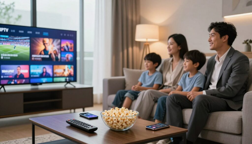 A modern living room with a sleek flat-screen TV displaying vibrant IPTV visuals of diverse channels like sports, movies, and documentaries. In the foreground, a stylish coffee table holds a remote control, a bowl of popcorn, and a smartphone showing a streaming app interface. The middle ground features a comfortable sofa with a family of four (a father, mother, and two children) in professional business attire, all engaged and smiling while watching together. The background reveals a soft, warm ambiance created by ambient lighting from elegant lamps and natural light streaming through large windows. The atmosphere is inviting and cozy, emphasizing the shared experience of modern television technology. Use a slight depth of field to focus on the family, creating a vibrant yet relaxing mood.