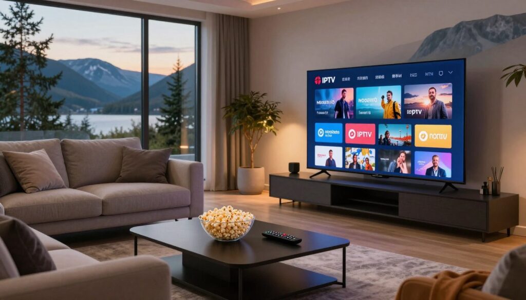 A modern living room with a sleek, large flat-screen TV displaying a vibrant interface for Nordic IPTV channels. In the foreground, a stylish coffee table holds a bowl of popcorn and a remote control, inviting viewers to relax and enjoy. The middle ground features a comfortable sofa with plush cushions, elegantly arranged. Soft lighting illuminates the space, casting a warm glow in the evening ambiance, while large windows reveal a scenic Nordic landscape outside. In the background, pine trees and distant mountains create a serene atmosphere. The scene conveys a sense of comfort and innovation, embodying the revolution of TV viewing experiences in the Nordic region. The setting is cozy and welcoming, perfect for an engaging IPTV experience.