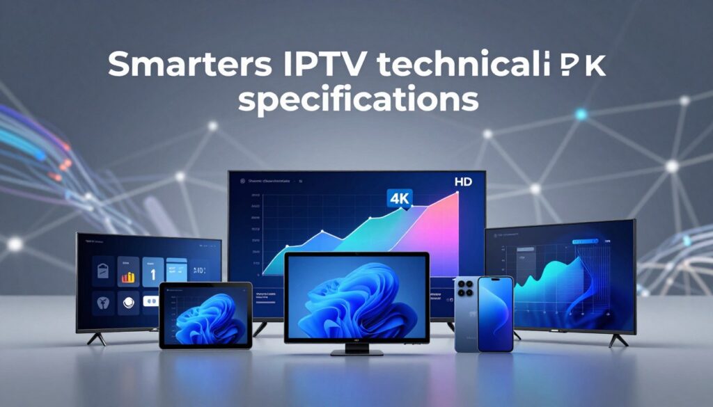 A modern, sleek digital illustration of "Smarters IPTV technical specifications" showcased in a visually appealing layout. In the foreground, detailed icons and diagrams representing compatibility with various devices like smart TVs, tablets, and smartphones, arranged symmetrically for clarity. The middle layer features vibrant, stylized graphs displaying streaming speeds and resolution options (HD, 4K), under soft, diffused lighting that highlights the tech-centric theme. The background consists of a blurred, abstract representation of a network grid or fiber optic lines, enhancing the high-tech atmosphere. The overall mood is professional and informative, with a cool color palette of blues and grays to convey a sense of modernity and sophistication. The image should be crisp and well-defined, with a slight depth of field effect emphasizing the foreground details.