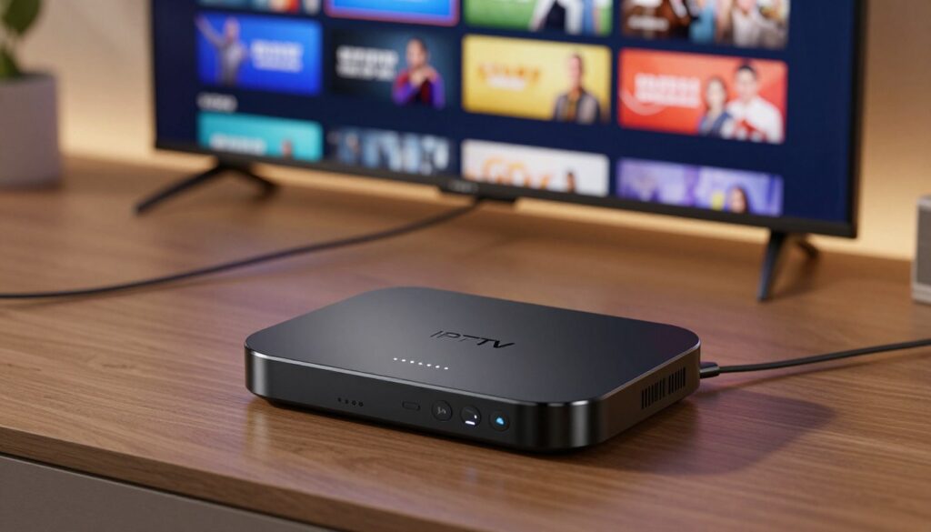 A sleek IPTV box centered in the foreground, showcasing a modern design with curved edges and a glossy black finish. The box features minimalistic buttons and LED indicators for a high-tech feel. In the middle background, a stylish home entertainment setup is visible, including a large flat-screen TV displaying a vibrant array of streaming content, complemented by cables neatly organized to maintain a tidy appearance. Soft, ambient lighting highlights the devices, creating a warm and inviting atmosphere suitable for a living room. The image is captured from a slightly elevated angle, emphasizing the IPTV box while suggesting a cozy, homey environment. The overall mood conveys innovation and comfort, ideal for media consumption.