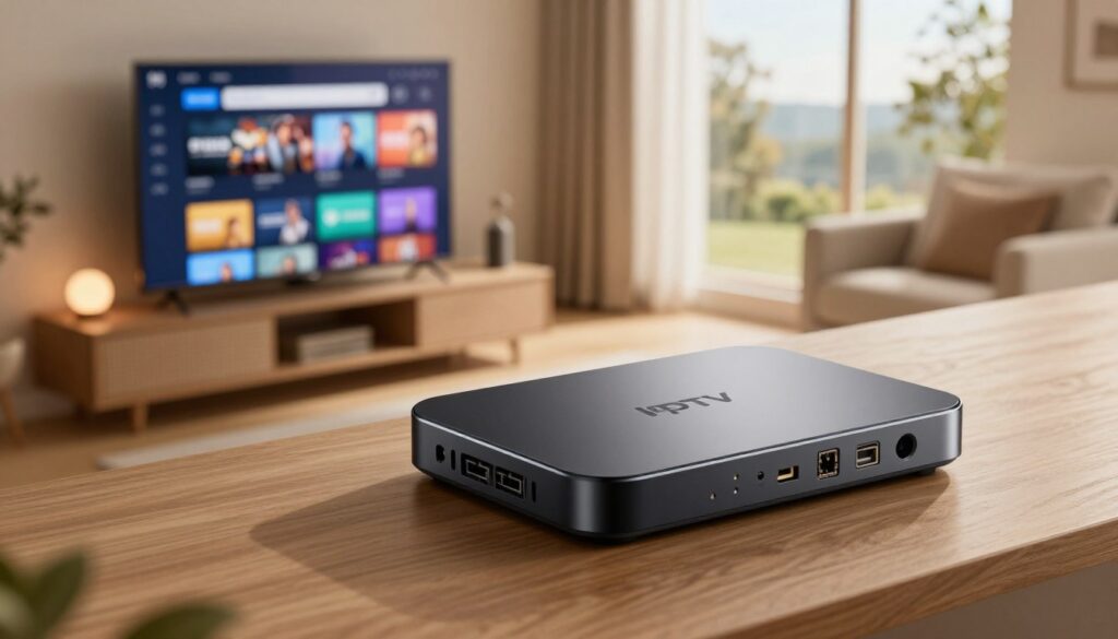 A sleek IPTV box is positioned prominently in the foreground, showcasing its modern design with smooth edges and a glossy finish. The device features various ports on the back, emphasizing its connectivity options. In the middle ground, a cozy living room setting is visible, decorated with a comfortable sofa and a flat-screen TV displaying a vibrant streaming interface. Soft ambient lighting casts a warm glow over the scene, enhancing the inviting atmosphere. In the background, a window reveals a serene outdoor view, with natural light filtering in. The angle is slightly tilted from above, providing a dynamic perspective. The overall mood conveys comfort and convenience, illustrating the essential role of an IPTV box in enhancing home entertainment.