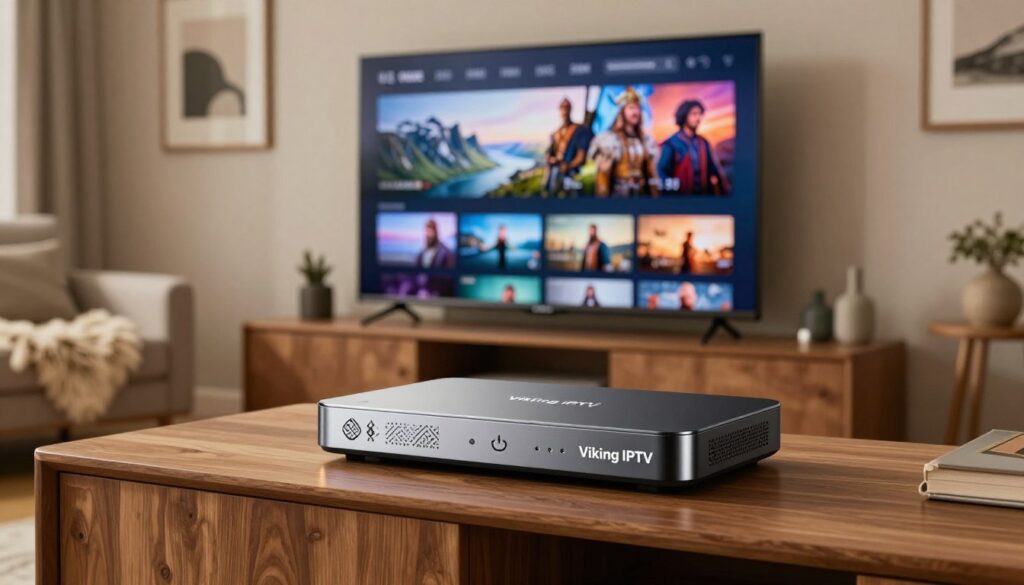 A sleek, modern IPTV box branded with “Viking IPTV,” designed with Nordic motifs and clean lines, sitting on a stylish wooden media console. In the foreground, the IPTV box is illuminated by soft, ambient lighting, highlighting its polished surface and the intricate designs representing Viking heritage. In the middle ground, a high-definition television displays vibrant, dynamic streaming content such as Nordic landscapes or cultural themes, reflecting the capabilities of the IPTV service. The background features a cozy living room atmosphere, with warm tones, a Scandinavian-style sofa, and decorative elements like faux fur throws and minimalistic art. The scene conveys a welcoming and innovative mood, inviting viewers to explore the ultimate TV experience.