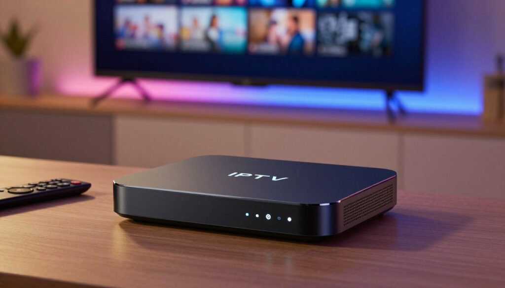 A sleek, modern IPTV box prominently displayed in the foreground, featuring rounded edges, a glossy black finish, and illuminated LED indicators. The device is set against a stylish home entertainment setup, with a large flat-screen TV and colorful LED lighting in the background that conveys a cozy and inviting atmosphere. A remote control is partially visible beside the box, reflecting the convenience of home viewing. Soft, warm lighting casts gentle shadows, creating a modern yet approachable vibe. The angle showcases the IPTV box at a slight tilt, emphasizing its design while keeping the background elements slightly blurred to maintain focus on the device.