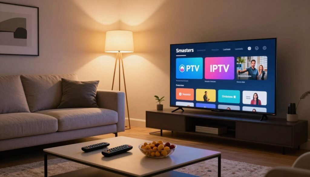 A sleek, modern living room featuring a flat-screen TV displaying the Smarters IPTV interface. In the foreground, a stylish coffee table with remote controls and snacks, inviting relaxation. In the middle ground, an elegantly furnished couch with soft cushions, bathed in warm, ambient lighting from a nearby floor lamp. Soft shadows accentuate the room's contemporary feel. The background shows a well-decorated wall with minimal art pieces, creating a cozy yet sophisticated atmosphere. The scene is captured from a slightly elevated angle, emphasizing the TV and its vibrant, user-friendly interface. The mood is engaging and inviting, perfect for a leisurely entertainment experience.