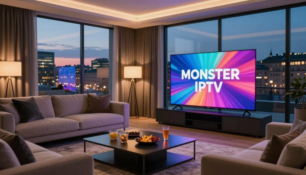 A sleek, modern living room with a large flat-screen television prominently displaying the Monster IPTV logo. In the foreground, a stylish coffee table adorned with snacks and drinks invites viewers to gather around. The middle ground features a cozy, contemporary sofa with plush cushions, suggesting comfort and relaxation. Soft, ambient lighting emanates from elegant lamps, creating a warm atmosphere. In the background, large windows show a vibrant Swedish urban skyline at dusk, with city lights beginning to twinkle. The overall mood is inviting and sophisticated, illustrating the joy of modern entertainment. Use a wide-angle lens to capture the room's spaciousness, with a focus on the TV screen showcasing vibrant colors and dynamic imagery from popular shows. A sleek, modern living room with a large flat-screen television prominently displaying the Monster IPTV logo. In the foreground, a stylish coffee table adorned with snacks and drinks invites viewers to gather around. The middle ground features a cozy, contemporary sofa with plush cushions, suggesting comfort and relaxation. Soft, ambient lighting emanates from elegant lamps, creating a warm atmosphere. In the background, large windows show a vibrant Swedish urban skyline at dusk, with city lights beginning to twinkle. The overall mood is inviting and sophisticated, illustrating the joy of modern entertainment. Use a wide-angle lens to capture the room's spaciousness, with a focus on the TV screen showcasing vibrant colors and dynamic imagery from popular shows.