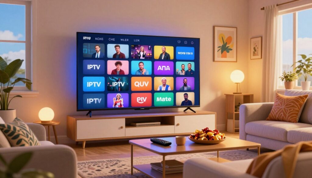 A vibrant living room scene showcasing a large flat-screen TV displaying an array of colorful channel icons, representing a diverse IPTV offering. In the foreground, a cozy, modern sofa with decorative cushions invites viewers, while a stylish coffee table is adorned with snacks and a remote control. In the middle ground, the TV stands in sharp focus, surrounded by ambient lighting that casts a warm glow, enhancing the inviting atmosphere. The walls are adorned with framed art pieces, adding a touch of personality to the space. In the background, a window reveals a bright blue sky, suggesting a sunny day outside. The overall mood is one of excitement and comfort, encapsulating the joy of exploring various TV channels with Monster IPTV. A vibrant living room scene showcasing a large flat-screen TV displaying an array of colorful channel icons, representing a diverse IPTV offering. In the foreground, a cozy, modern sofa with decorative cushions invites viewers, while a stylish coffee table is adorned with snacks and a remote control. In the middle ground, the TV stands in sharp focus, surrounded by ambient lighting that casts a warm glow, enhancing the inviting atmosphere. The walls are adorned with framed art pieces, adding a touch of personality to the space. In the background, a window reveals a bright blue sky, suggesting a sunny day outside. The overall mood is one of excitement and comfort, encapsulating the joy of exploring various TV channels with Monster IPTV.